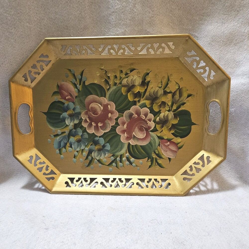 Vintage Tole Painted Reticulated Edge Gold Metal Tray Floral Open Handles